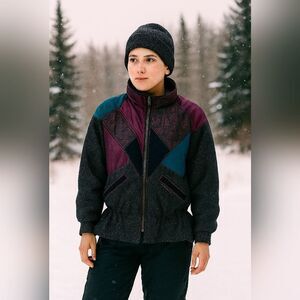 Vintage Karizma East Wool Mixed Fabric Patchwork Snow Ski Bomber Winter Jacket